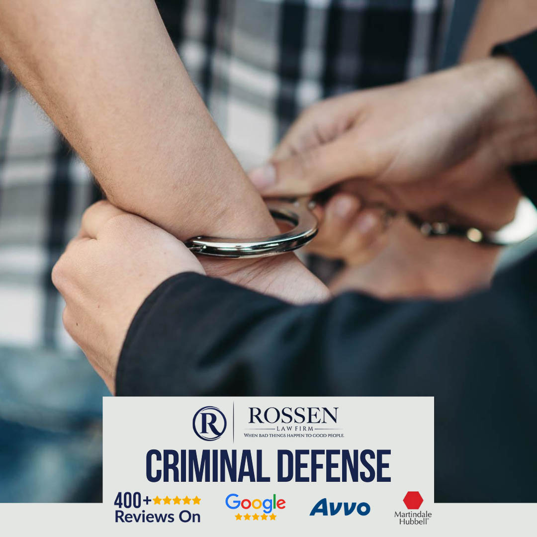 An infographic shows a man getting handcuffed behind his back, while bottom text says Rossen law firm of Fort Lauderdale has more than 400 five-star reviews online