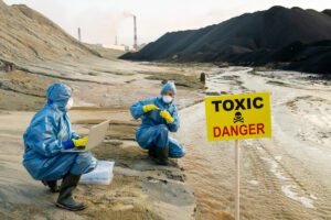 Two ecologists in protective coveralls studying characteristics of toxic water