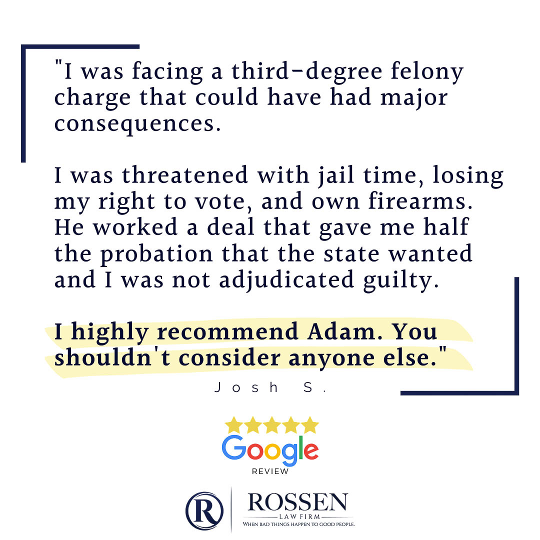 A review graphic explains that a man was facing a third degree felony, and Criminal Defense Attorney Adam Rossen  got him an amazing result on his south Florida criminal case - the man was not sent to jail and was not adjudicated guilty 